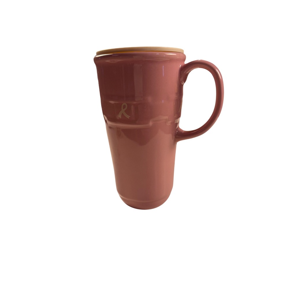 Longaberger Pottery Pink Awareness Ribbon Ceramic Travel Mug Tumbler with Lid